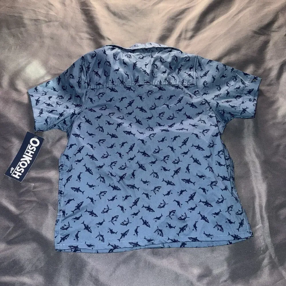 OshKosh B'gosh Boys 12M Blue Shark Graphic Print Collared Button-Front Shirt